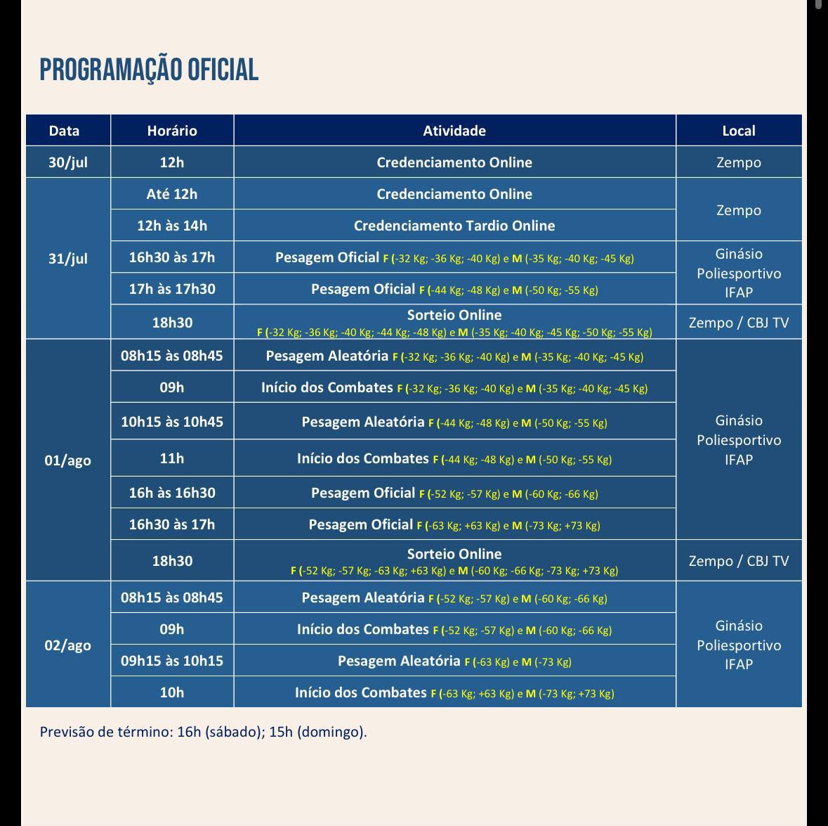Tabela da programação oficial do Campeonato Brasileiro de Judô Sub-13 2026, com pesagens, sorteios e início dos combates